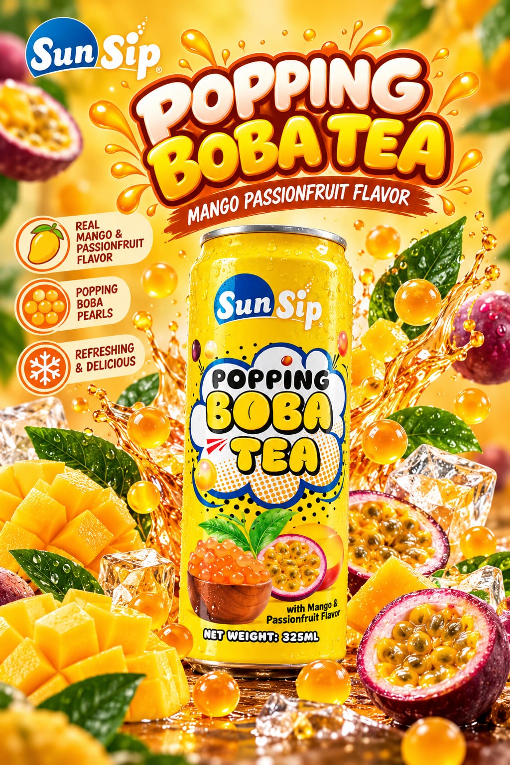 Mango and Passion Fruit Boba Tea 325ml from Sun Sip