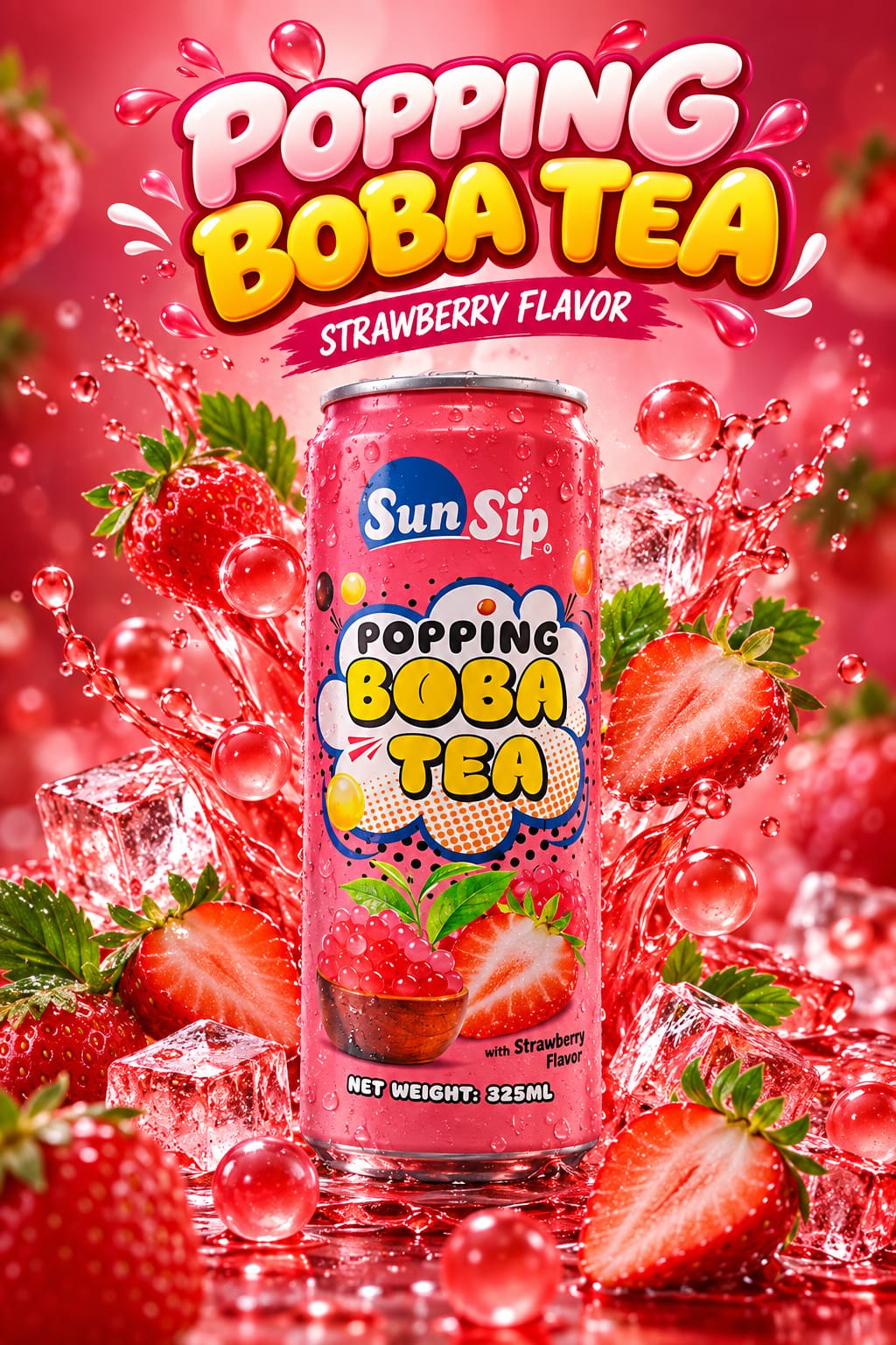Strawberry Flavored Boba Tea 325ml by Sun Sip